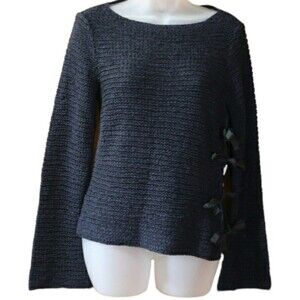 Anne Klein Black Open Weave Knit Sweater With Tie Side LG